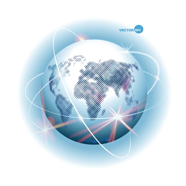 Globe with design of ways - Internet, communication, mobile communication, sputnik road, air way. Planet Earth with continents and sea and world Ocean, atmosphere. Space cosmos view