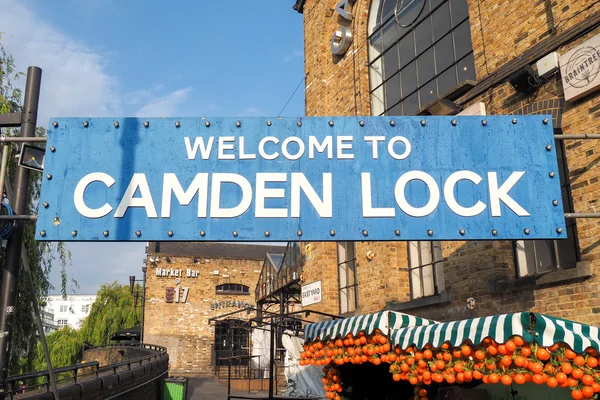 Welcome banner at entrance of Camden Lock market in London