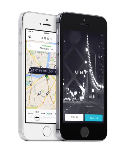 Uber app startup page and Uber search cars map on white and black Apple iPhones