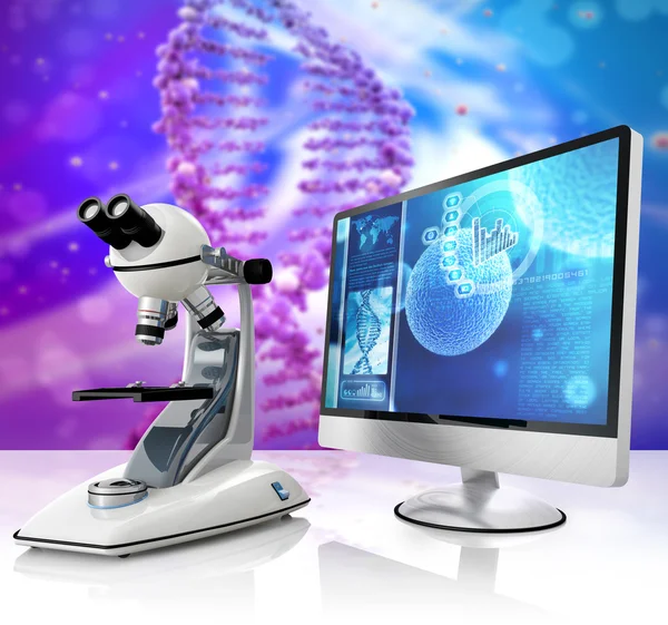 Microscope and computer on scientific abstract background