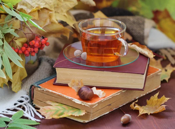 Still life with tea, books and autumn leaves