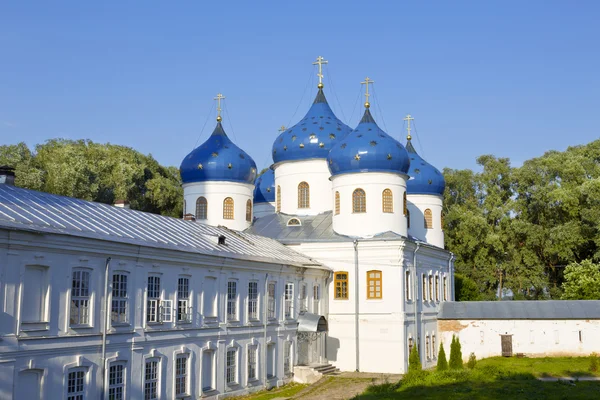 Church of Holy Cross in Russian orthodox Yuriev Monastery in Veliky Novgorod (Russia) in summer sunny day