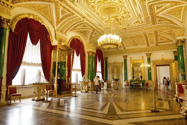 Interior malachite living room - private chambers of the Russian Empress Alexandra Feodorovna, the Winter Palace, St. Petersburg
