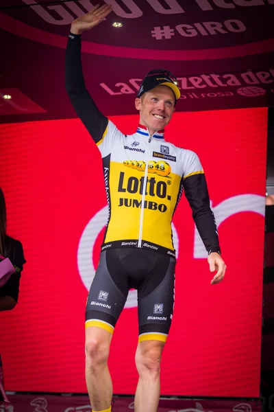 Andalo, Italy May 24, 2016; Steven Kruijswijk in Pink  jersey on the podium.