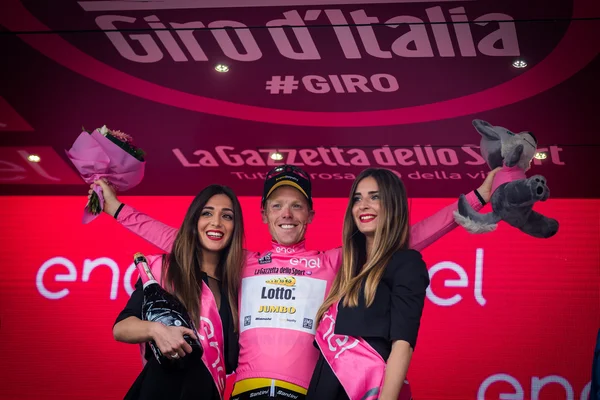 Andalo, Italy May 24, 2016; Steven Kruijswijk in Pink  jersey on the podium.