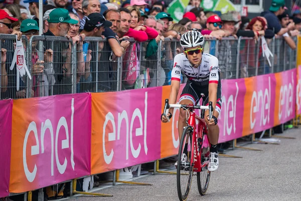 Andalo, Italy May 24, 2016; Professional cyclist passes the finish line of the stage.