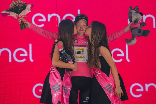 Pinerolo, Italy May 26, 2016; Steven Kruijswijk on the podium in pink jersey is the leader of the General Classification after finishing the stage
