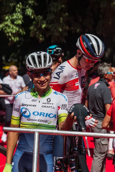 Muggi, Italy May 26, 2016; Esteban Chaves to the podium signatures before the start of  the stage