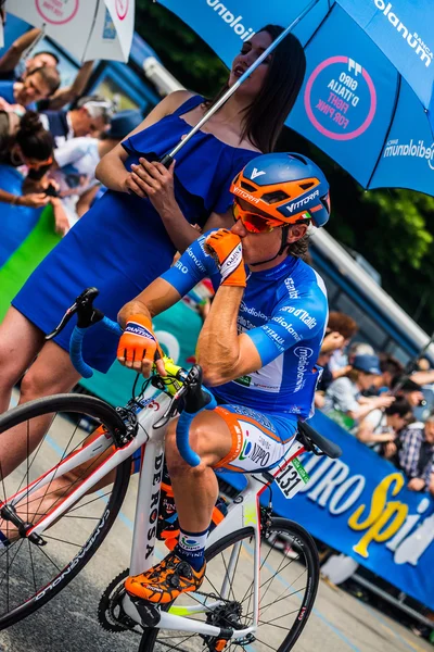 Pinerolo, Italy May 27, 2016; Damiano Cunego, Nippo Vini Fantini Team, in blue jersey and  in the front row ready to start for the Stage