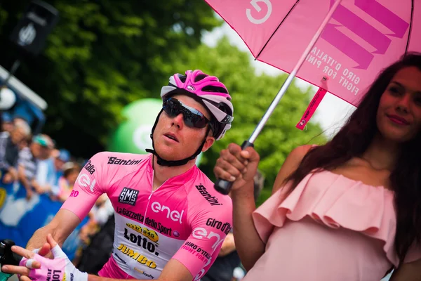 Pinerolo, Italy May 27, 2016; Steven Kruijswijk, Lotto Team, in Pink  jersey and  in the front row ready to start for the Stage