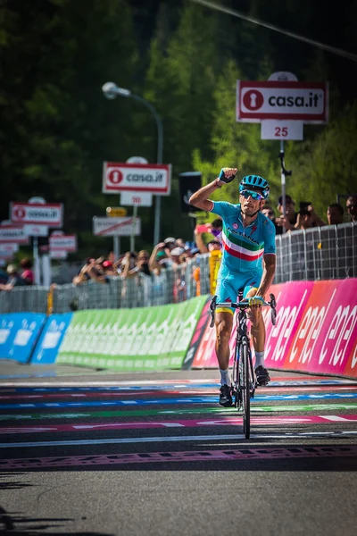 Risoul, France May 27, 2016; Vincenzo Nibali, Astana Team, exhausted passes the finish line and Win after a hard mountain stage