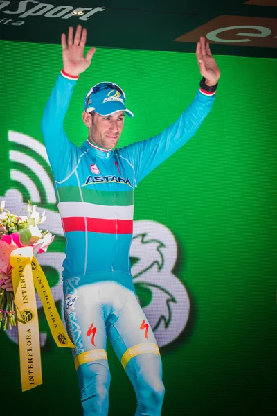 Risoul, France May 27, 2016; Vincenzo Nibali, Astana team, on the podium after winning a hard mountain stage