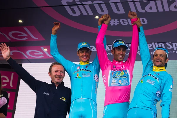 Sant Anna, Italy May 28, 2016; Some Riders of Astana team  on the podium after winning the award for best team