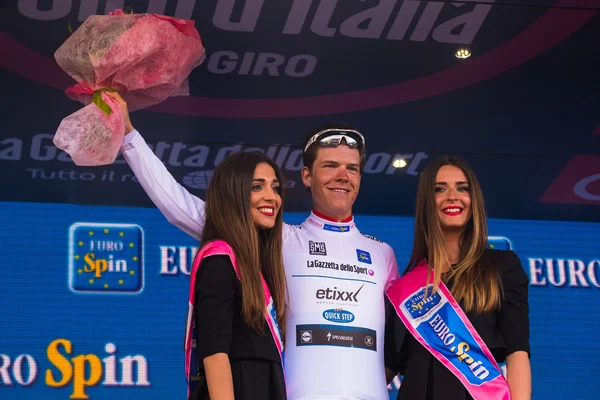 Sant Anna, Italy May 28, 2016; Bob Jungels, Etixx Quick Step Team, in white jersey on the podium after winning the classification young riders