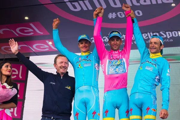 Sant Anna, Italy May 28, 2016; Some Riders of Astana team  on the podium after winning the award for best team