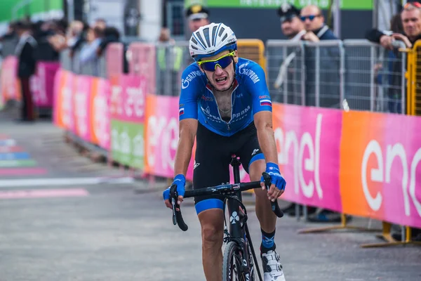 Sant Anna, Italy May 28, 2016; Professional Cyclist exhausted passes the finish line after a hard mountain stage