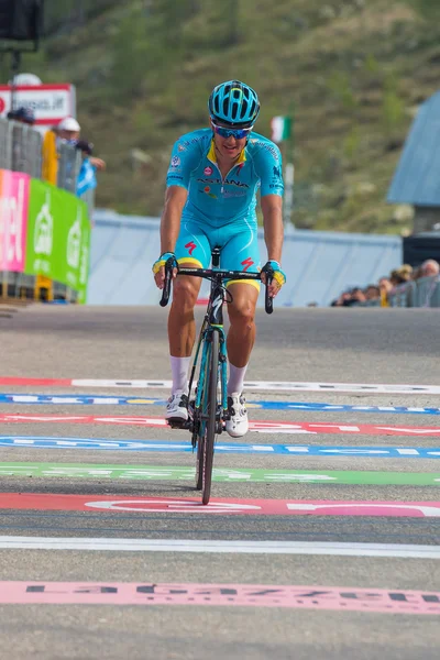 Sant Anna, Italy May 28, 2016; Professional Cyclist exhausted passes the finish line after a hard mountain stage