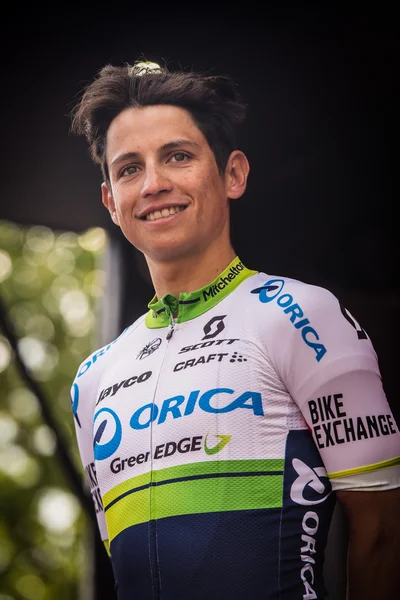 Turin, Italy May 29, 2016; Esteban Chaves, Orica Team,   on the final podium of  the Tour of Italy 2016