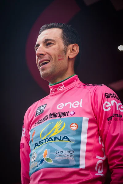 Turin, Italy May 29, 2016; Vincenzo Nibali, Astana Team,  in pink jersey  on the final podium of  the Tour of Italy 2016, after winning the General Classificattion.