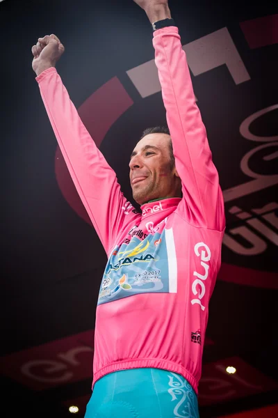 Turin, Italy May 29, 2016; Vincenzo Nibali, Astana Team,  in pink jersey  on the final podium of  the Tour of Italy 2016, after winning the General Classificattion.