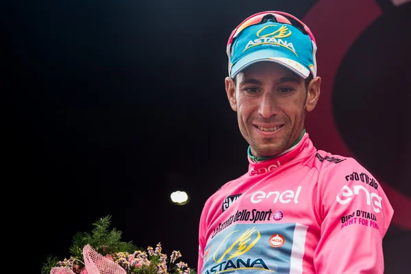 Turin, Italy May 29, 2016; Vincenzo Nibali, Astana Team,  in pink jersey  on the final podium of  the Tour of Italy 2016, after winning the General Classificattion.