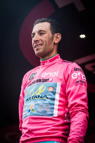 Turin, Italy May 29, 2016; Vincenzo Nibali, Astana Team,  in pink jersey  on the final podium of  the Tour of Italy 2016, after winning the General Classificattion.