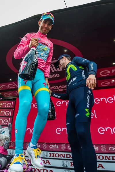 Turin, Italy May 29, 2016; Vincenzo Nibali, Astana Team,  in pink jersey  on the final podium of  the Tour of Italy 2016, after winning the General Classificattion.