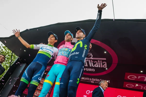 Turino, Italy May 29, 2016; Vincenzo Nibali in pink jersey  with Alejandro Valverde and Esteban Chaves on the final podium