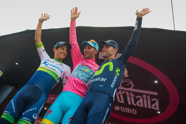 Turino, Italy May 29, 2016; Vincenzo Nibali in pink jersey  with Alejandro Valverde and Esteban Chaves on the final podium