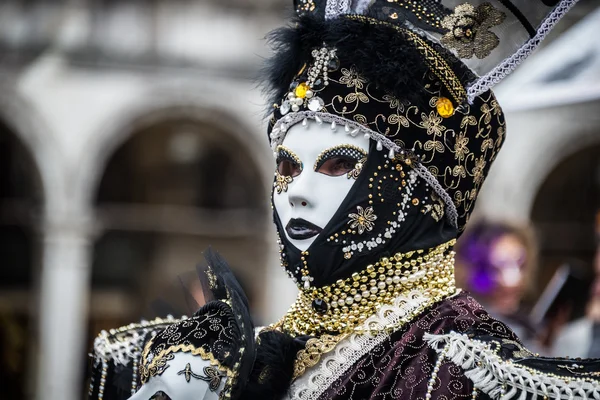 Venice, Italy - February 13, 2015: A wonderful mask participant of the annual carnival celebrations
