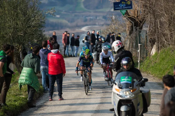 Castelraimondo, Italy March 14, 2015: Group of cyclists during a climb of a stage of the Tirreno Adriatico 2015