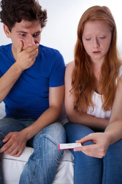 Frightened couple with positive pregnancy test