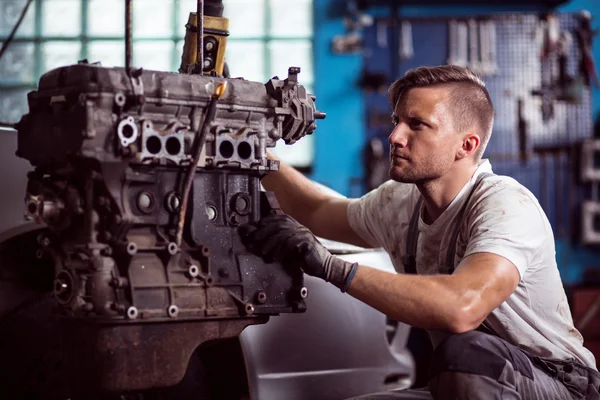 Car technician maintaining automotive engine