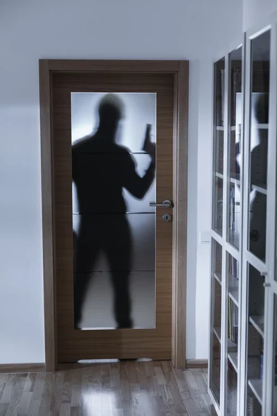 Shadow of burglar behind doors