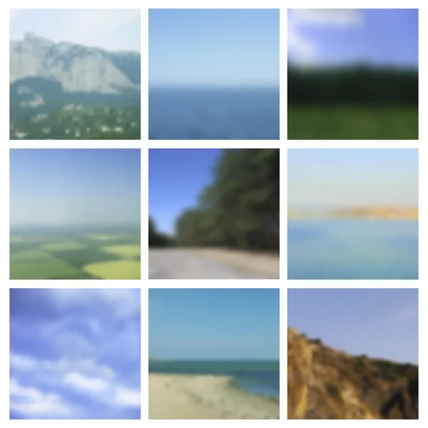 Set of vector blurred landscapes, travel badge, voyage label, nature view.