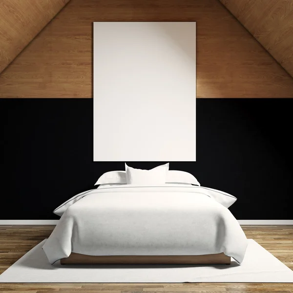 Photo of moder bedroom in chale house. Blank white canvas hanging on the wood wall and classic double bed wooden floor. Square, empty mockup. 3d rendering