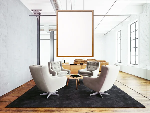 Photo of meeting room interior in modern loft building. Empty white canvas hanging on the wood frame. Wood floor, table, furniture,concrete wall,big windows. Horizontal, blank mockup. 3d rendering