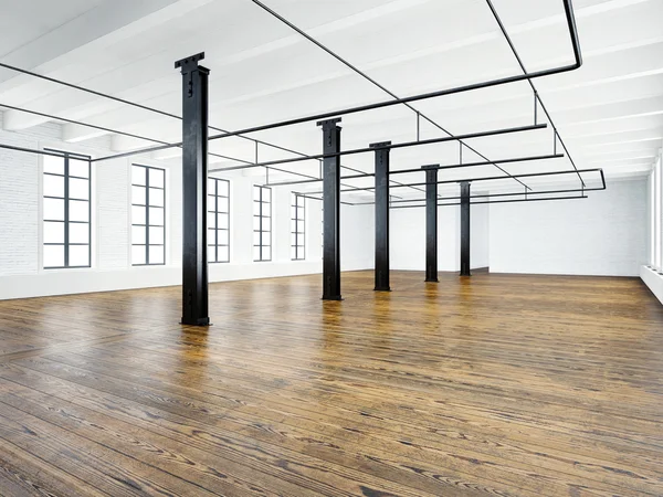 Photo of empty expo interior in modern building. Open space loft. Empty white walls. Wood floor, black beams,big windows. Horizontal, blank mockup. 3d rendering