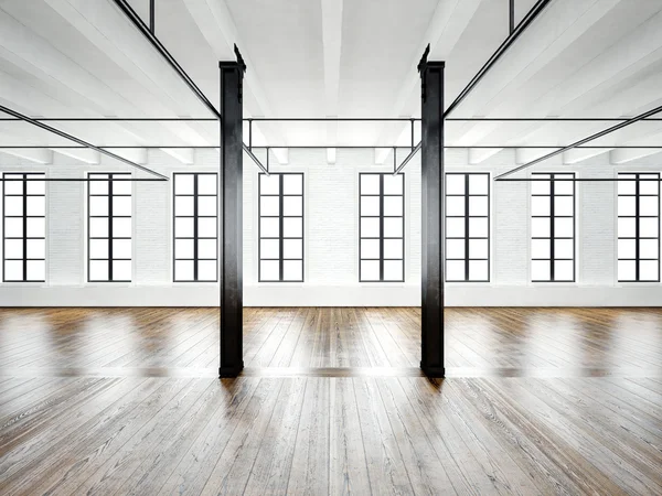 Photo of open space interior in modern loft. Empty white walls. Wood floor, black beams,big windows. Horizontal, blank mockup. 3d rendering