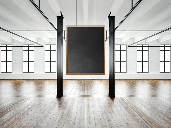Photo of empty museum interior in modern building.Open space loft.Empty black canvas hanging on the wood frame.Wood floor,table,furniture,concrete wall,big windows.Horizontal,blank mockup.3d rendering