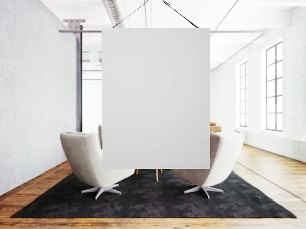 Photo empty white canvas hanging in center of meeting room. Interior modern loft building. Wood floor, table, furniture,concrete wall,big windows. Horizontal, blank mockup. 3d rendering