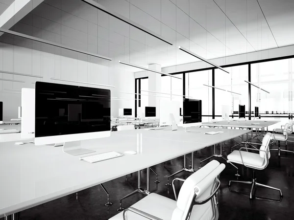 Picture interior modern library.Workspace loft panoramic windows.Generic design computers and generic white furniture in contemporary conference room meeting.Open space  coworking.Horizontal.3D render