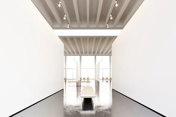 Photo exposition modern gallery,open space.Blank white empty canvas hanging contemporary art museum. Interior loft style with concrete floor,light spots and generic design furniture. 3d rendering