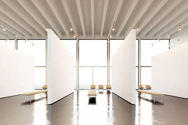 Photo exposition space modern gallery.Blank white empty canvas hanging contemporary art museum. Interior loft style with concrete floor,light spots,generic design furniture and building.3d rendering