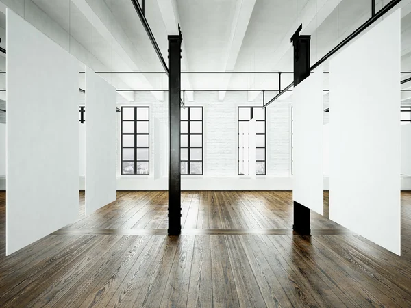 Photo of expo interior in modern building. Open space loft. Empty white canvas hanging. Wood floor, bricks wall,panoramic windows. Blank frames ready for bussiness information.Horizontal. 3d rendering