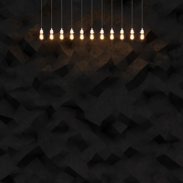 Concept picture of highly detailed abstract polygon surface. Black concrete wall facade. Abstract gradient graphic background with vintage style electric lamps. Square mockup. 3d rendering