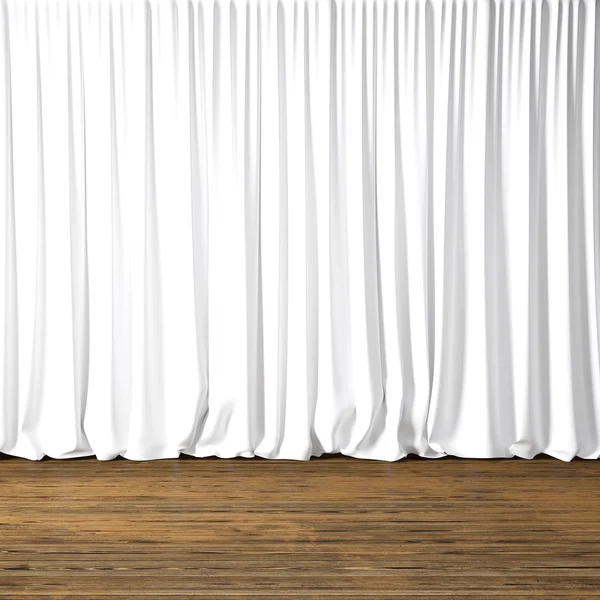 Concept picture highly detailed white Curtains. Photo of backstage with textile curtains and wood floor. Abstract interior background. Square mockup. 3d rendering