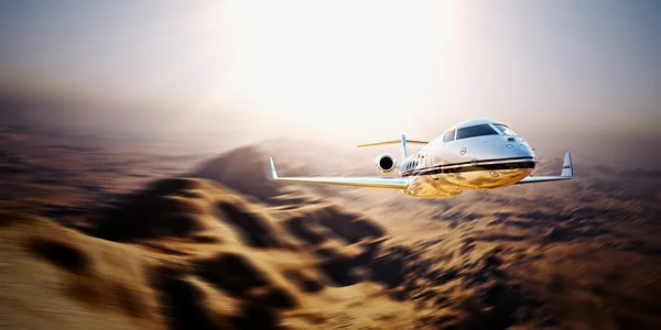 Picture of silver modern and luxury generic design private jet flying blue sky at sunrise.Uninhabited desert mountains background.Business travel picture.Horizontal,motion blurred effect.3d rendering