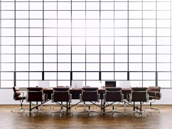 Photo modern meeting room with panoramic windows.Generics computers and generic design furniture in contemporary conference hall.Open spae for sign business contracts.Horizontal. 3D rendering