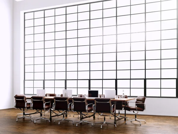 Photo modern meeting room with panoramic windows.Generics computers and generic design furniture in contemporary conference hall.Open space for sign business contacts.Horizontal. 3D rendering